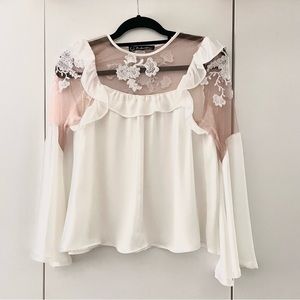 NWOT FOR LOVE & LEMONS White Floral Nude Mesh Ruffle Shirt Top Sample READ DESC.